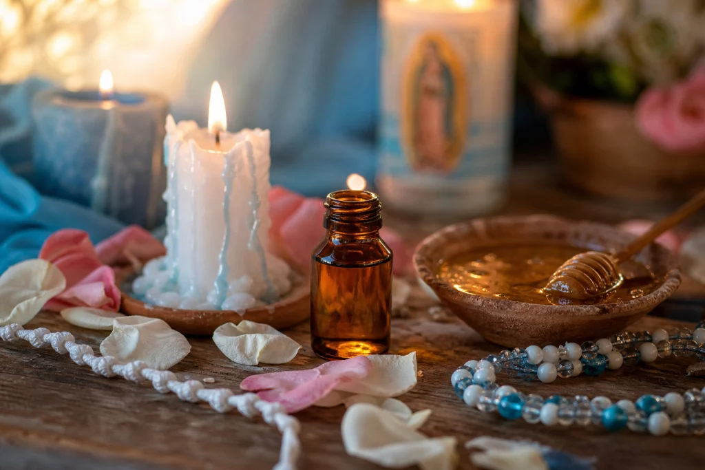 Altar de amarres de amor con velas blancas y azules, flores frescas y un collar de cuentas de Yemayá, en la Botánica Virgen Morena