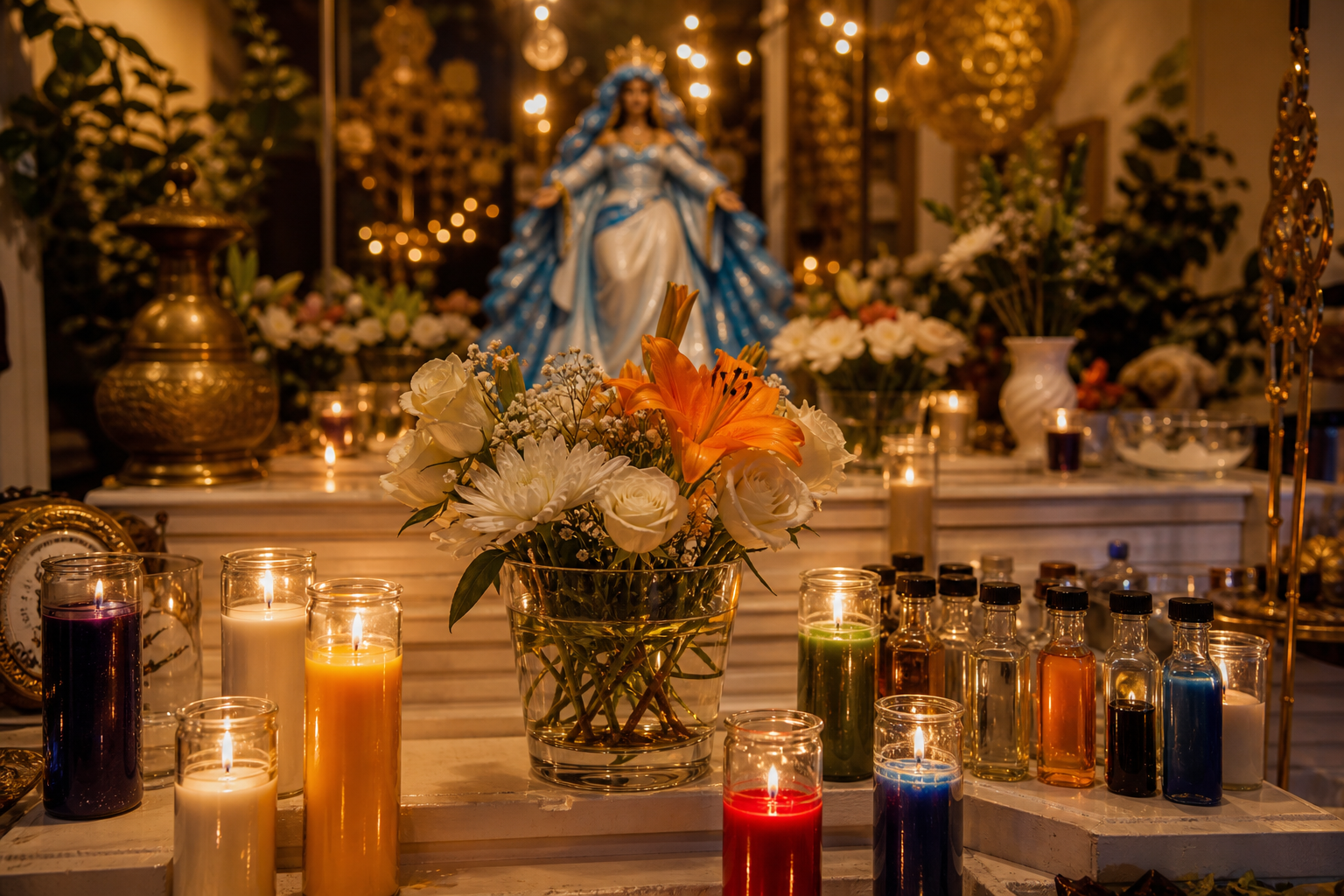 Altar con veladoras de colores y flores en un centro espiritual en Norwalk, California