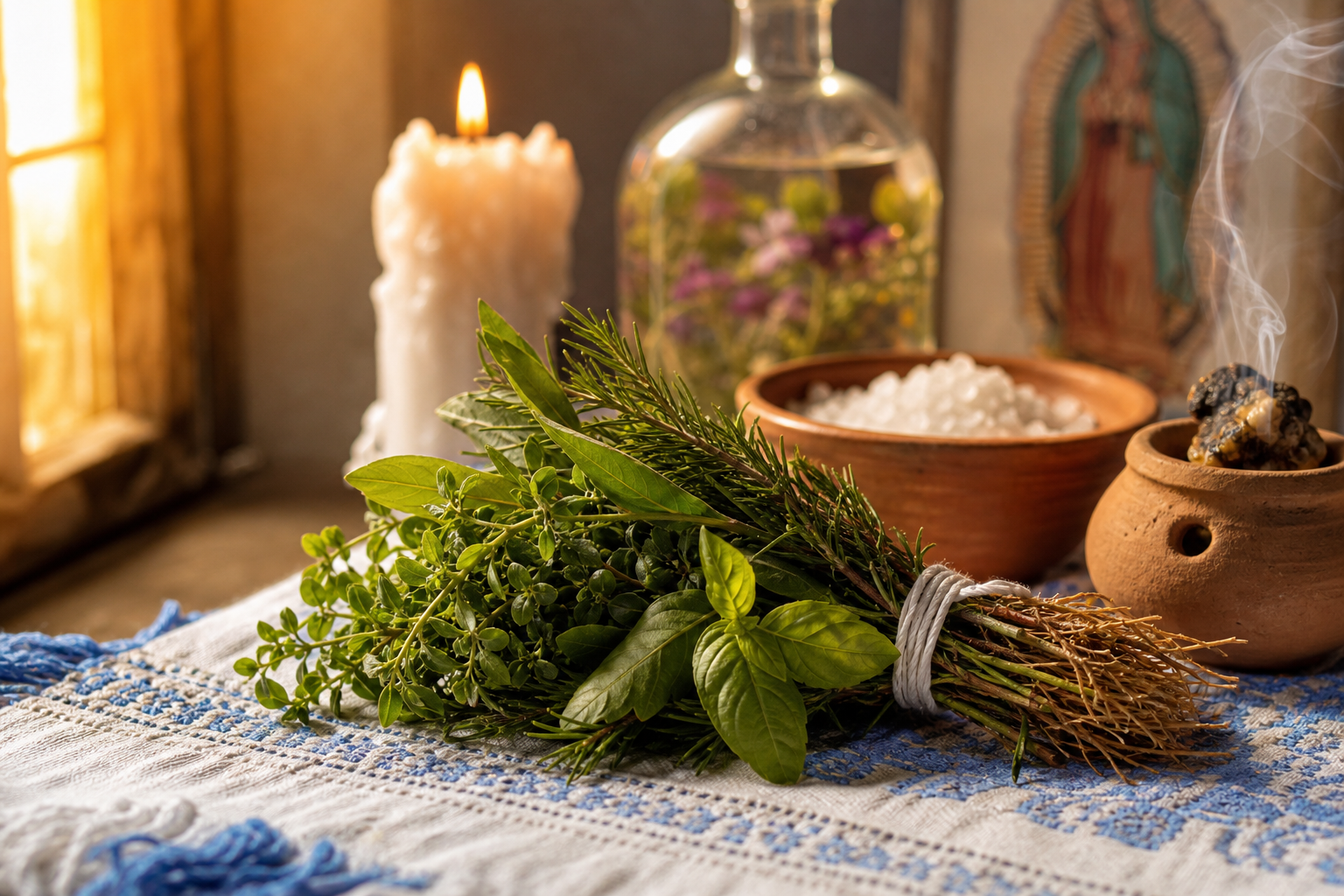 Limpieza espiritual con hierbas frescas y veladora blanca en Norwalk, California, ofrecida por Botánica Virgen Morena
