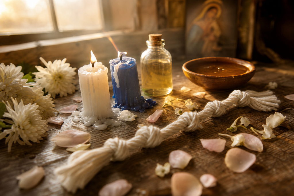 Amarres de amor en Hartford, CT: hilo blanco anudado en siete nudos junto a velas blancas y azules, flores blancas y pétalos
